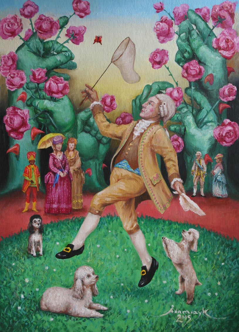 Armand Louis de Gontaut diuk de Lauzun łapie motylka w ogrodzie różanym dla swojej kochanki generałowej woysk litewskich Izabeli Xsiężnej Czartoryskiej z domu Fleming