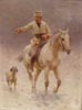 Jeździec na koniu z psem w zimie
