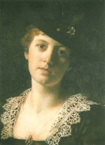 Portret kobiety w czarnym kapeluszu z pirami
