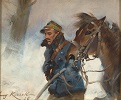 Żołnierz z koniem wracający do domu w zawiei śnieżnej
