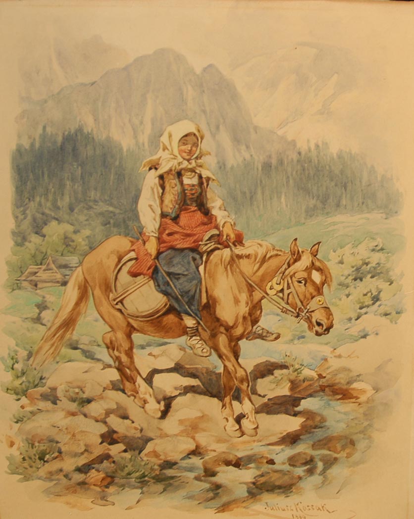 Woman Riding on Horseback through the Mountains