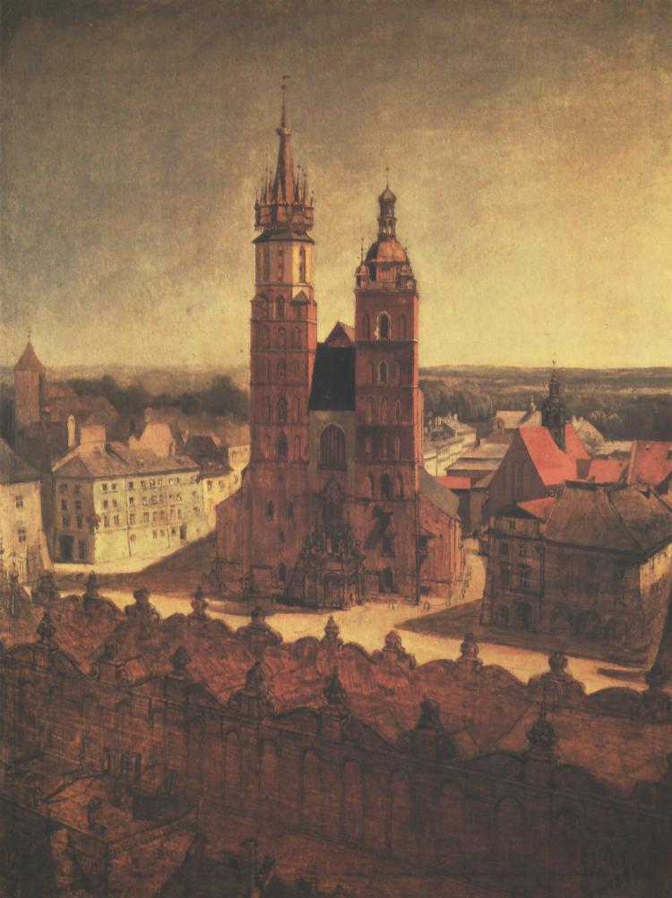 Widok z Wiey Ratuszowej na Rynek i koci Mariacki w Krakowie