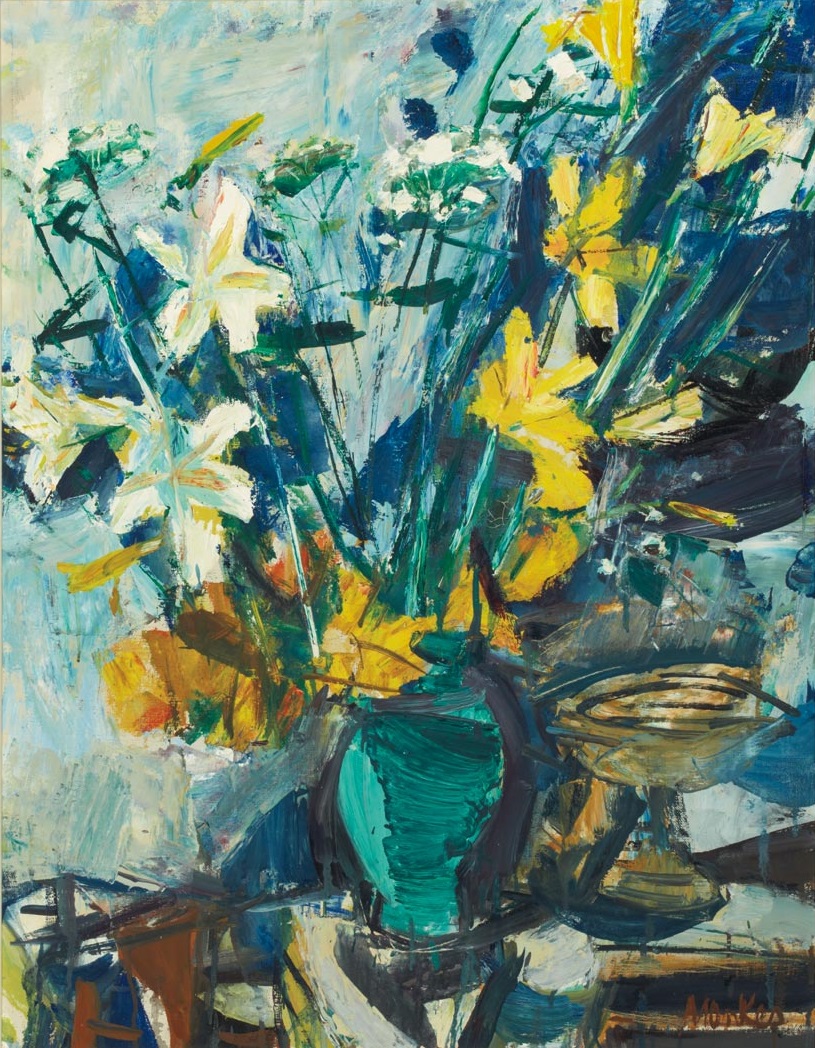 Still Life of Flowers in a Green Vase 