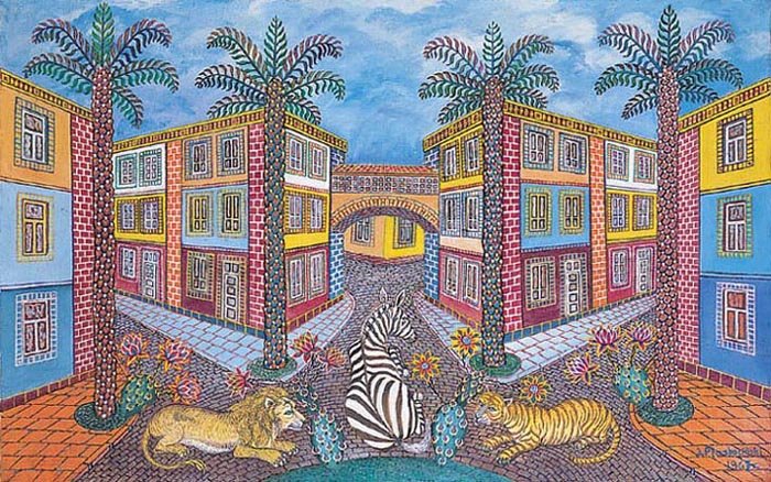 Lew, zebra i tygrys na tle architektury