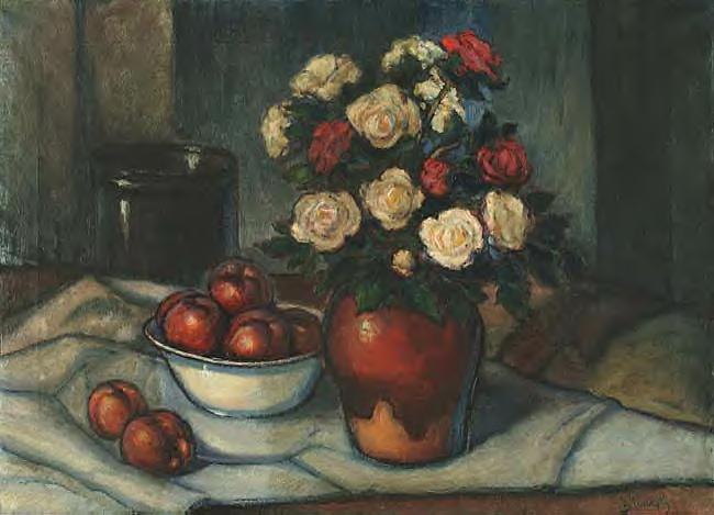 White and Red Roses in a Vase and Apples