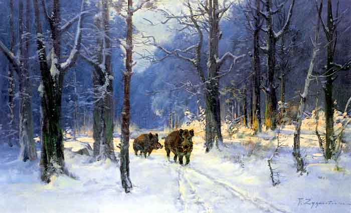 Wild Boars in Winter Forest